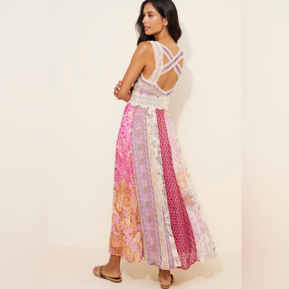 Anthropologie Sleeveless V Neck Patchwork Boho Maxi dress in pink combo, size 12 - Picture 2 of 11